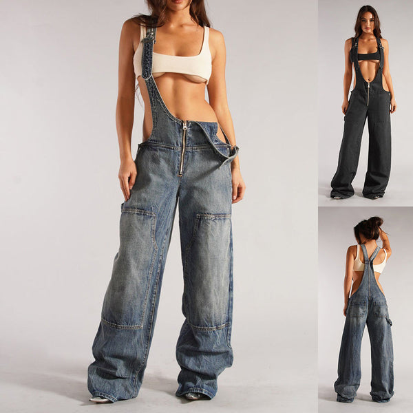 Trendy Denim Latzhose mit Reißverschluss