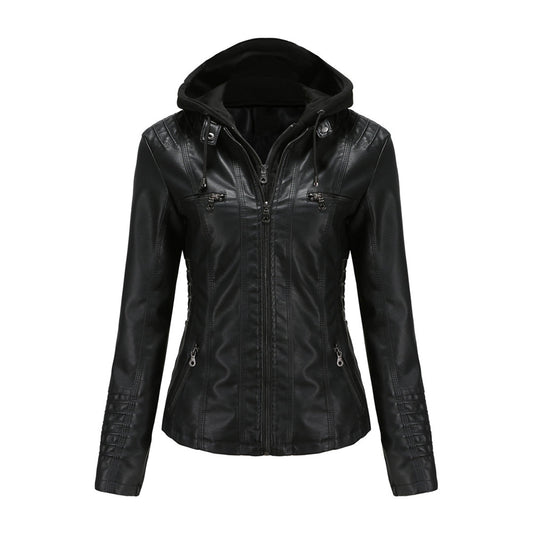 Elegante Lederjacke mit abnehmbarer Kapuze