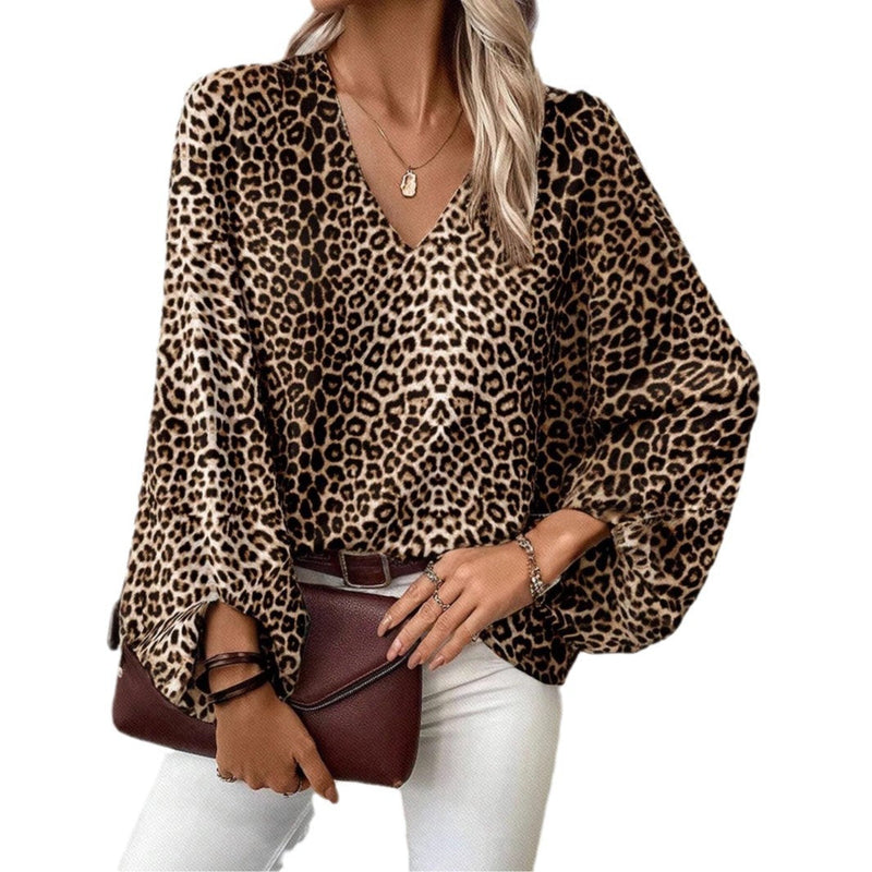 Elegante Leopardenprint V-Hals Bluse