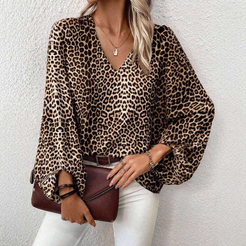 Elegante Leopardenprint V-Hals Bluse