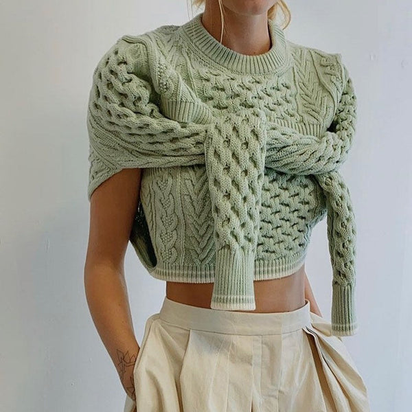 Elegante mintgrüne Strickpullover mit Rundhalsausschnitt