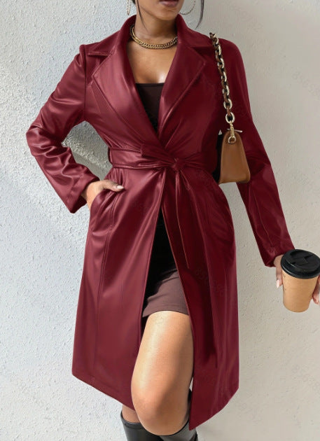 Elegante Lange PU-Leder Trenchcoat