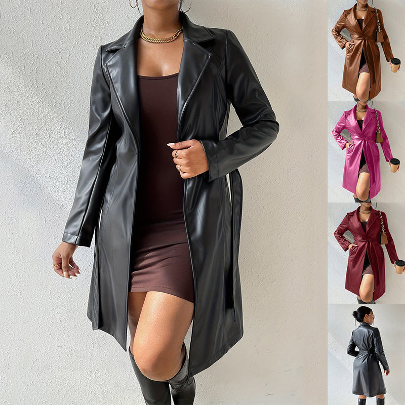 Elegante Lange PU-Leder Trenchcoat