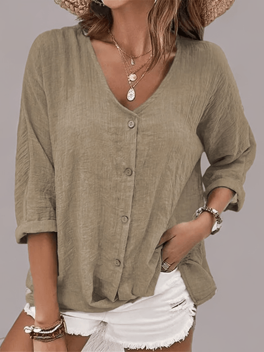 Boutique Vivante Best selling blouses and shirts summer 2024 Khaki / S Eleganter V-Ausschnitt Damen-Pullover